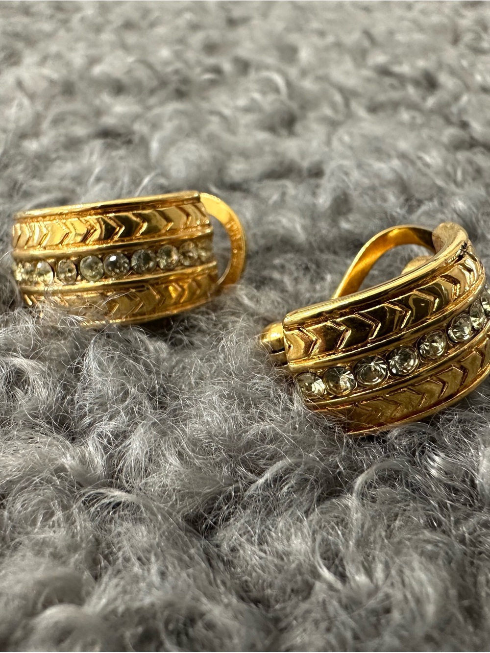 Vintage Premier Designs Gold Tone Rhinestone Clip On Half Hoop Earrings